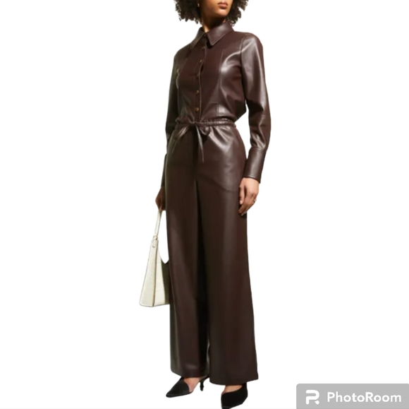 REBECCA TAYLOR VEGAN LEATHER WIDE LEG PANTS W/DRAWSTRING WAIST, DATE BROWN S - Picture 9 of 15